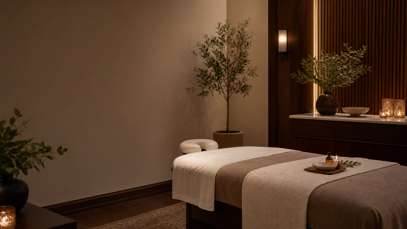 A refined massage studio room with warm lighting, wood accents, and a prepared massage table